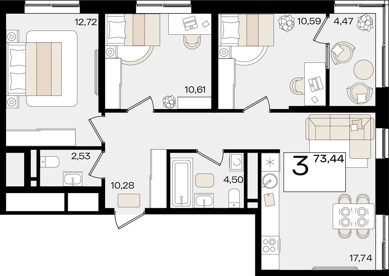 Планировка 3-комнатная 71,2 м²