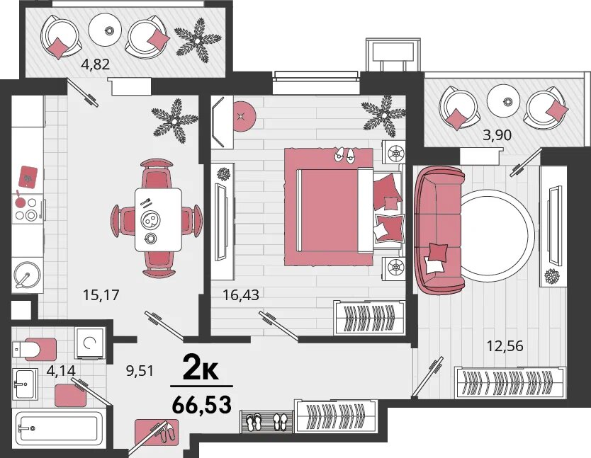 Планировка: 2-комн. квартира 61,2 м²