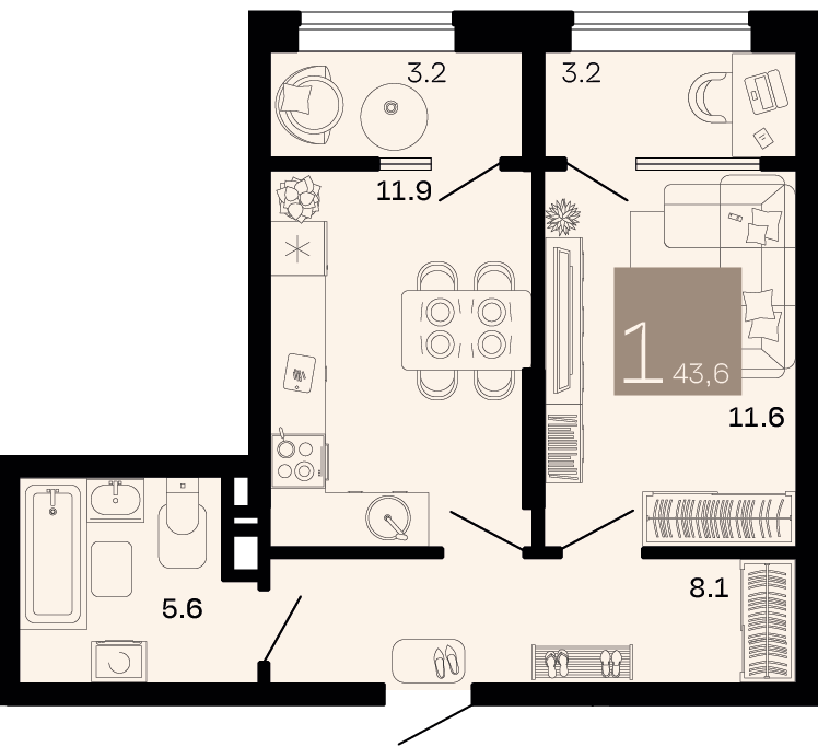Планировка: 1-комн. квартира 40,4 м²
