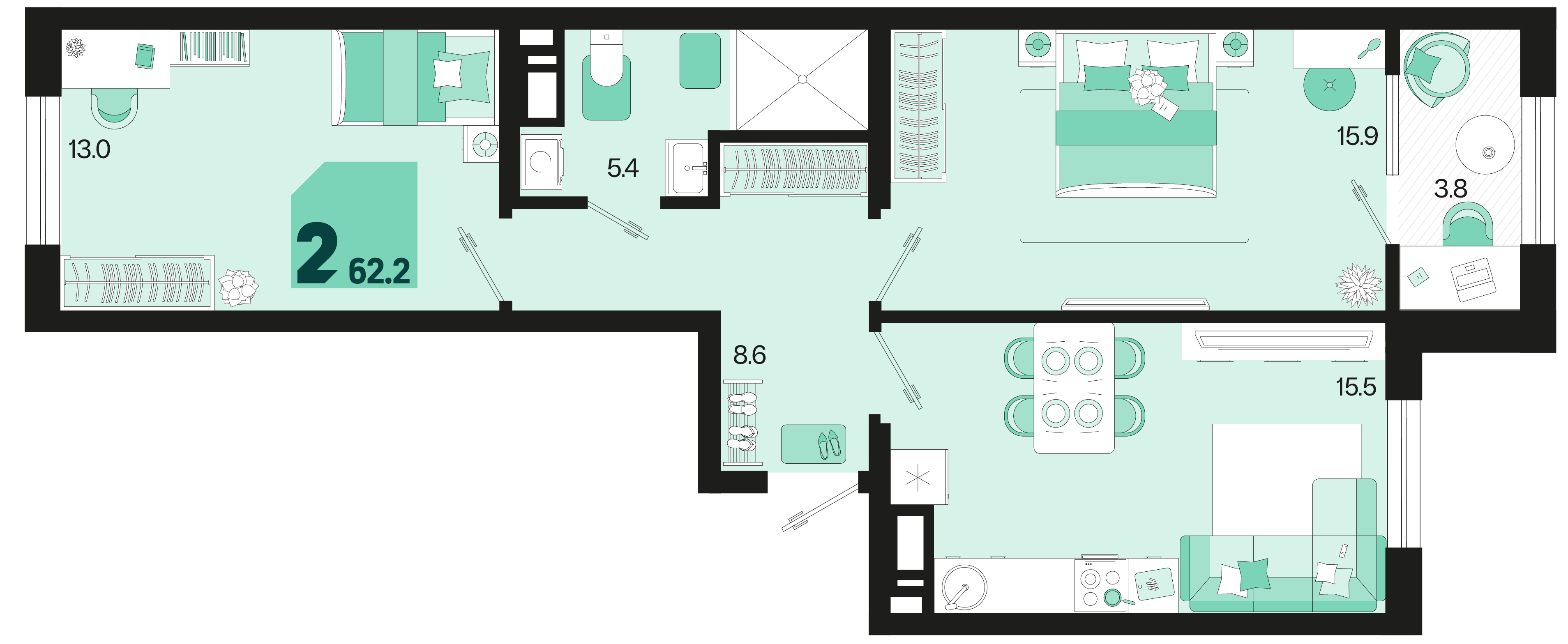 Планировка: 2-комн. квартира 60,3 м²