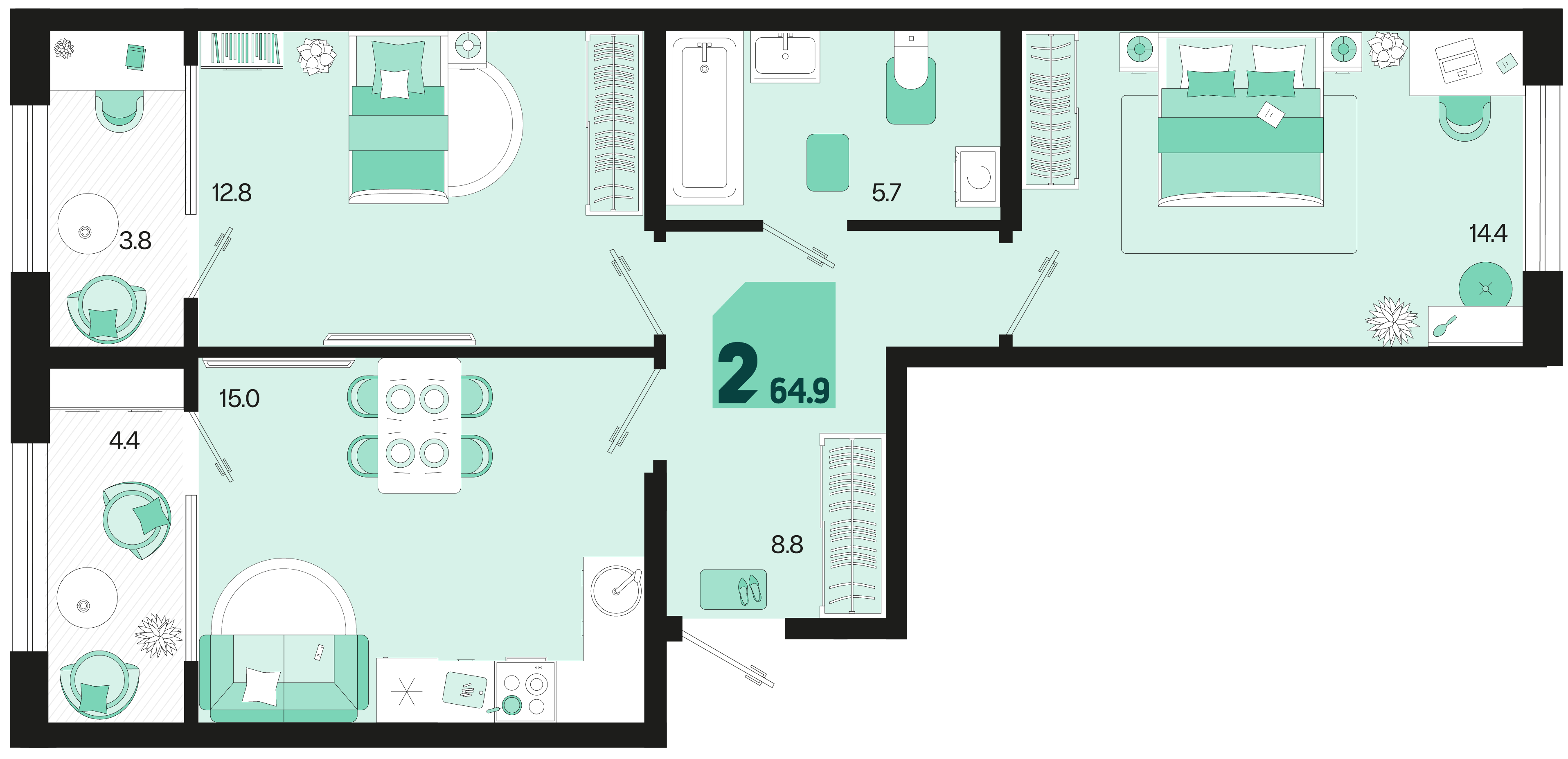 Планировка: 2-комн. квартира 60,8 м²