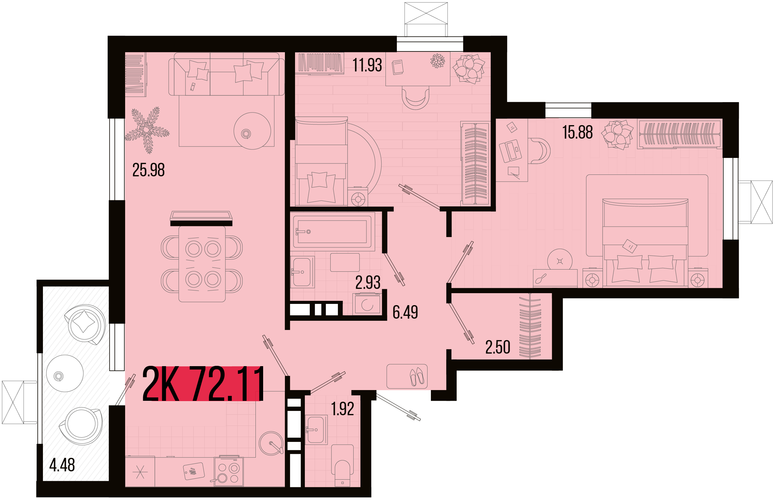 Планировка 2-комнатная 70,15 м²