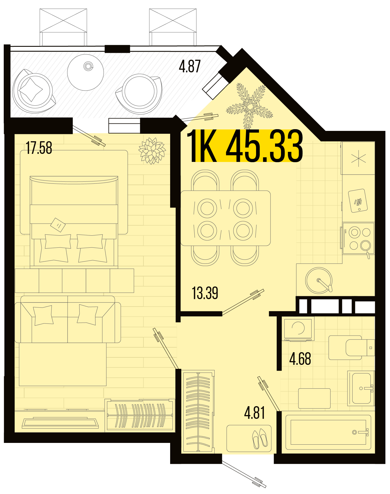 Планировка: 1-комн. квартира 42,9 м²