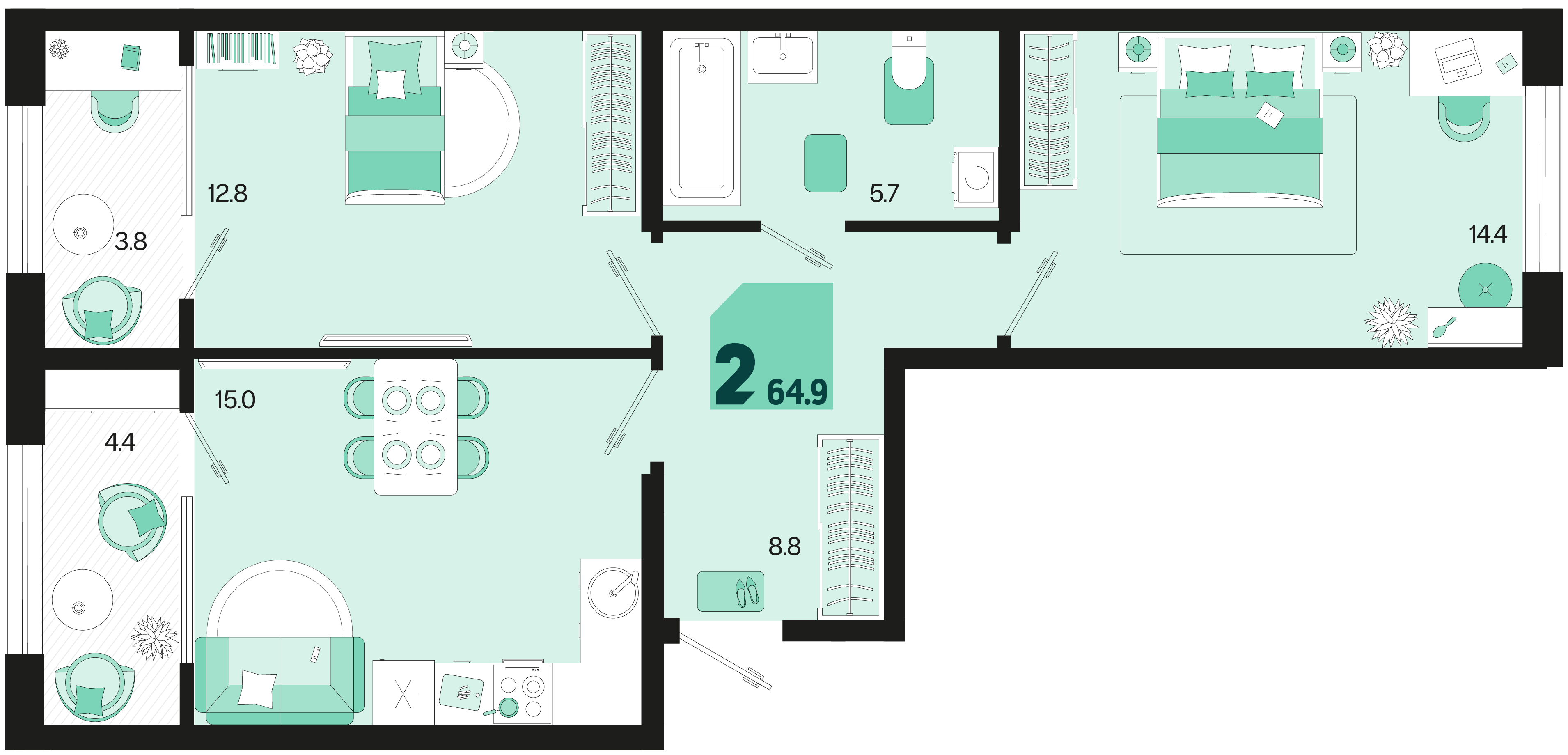 Планировка: 2-комн. квартира 60,8 м²