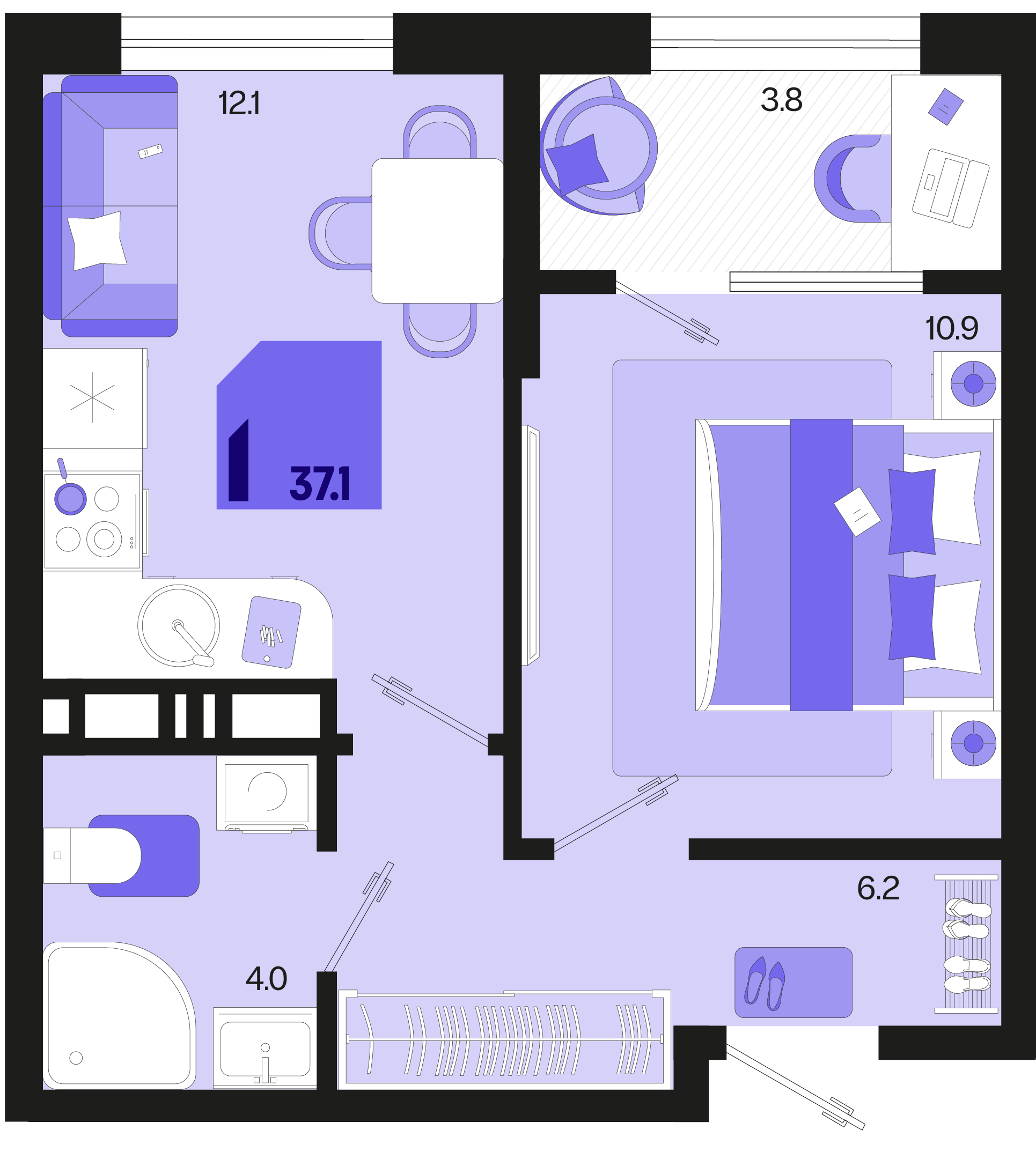 Планировка: 1-комн. квартира 35,2 м²