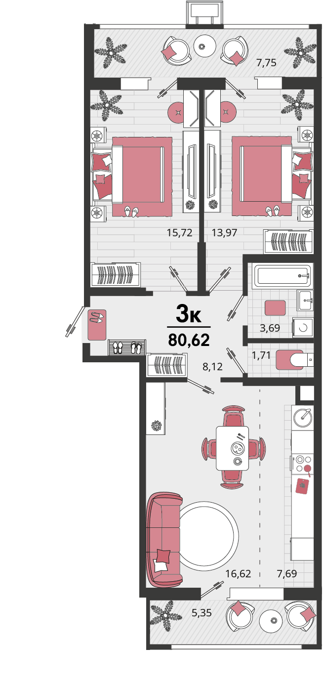 Планировка 3-комнатная 74,08 м²