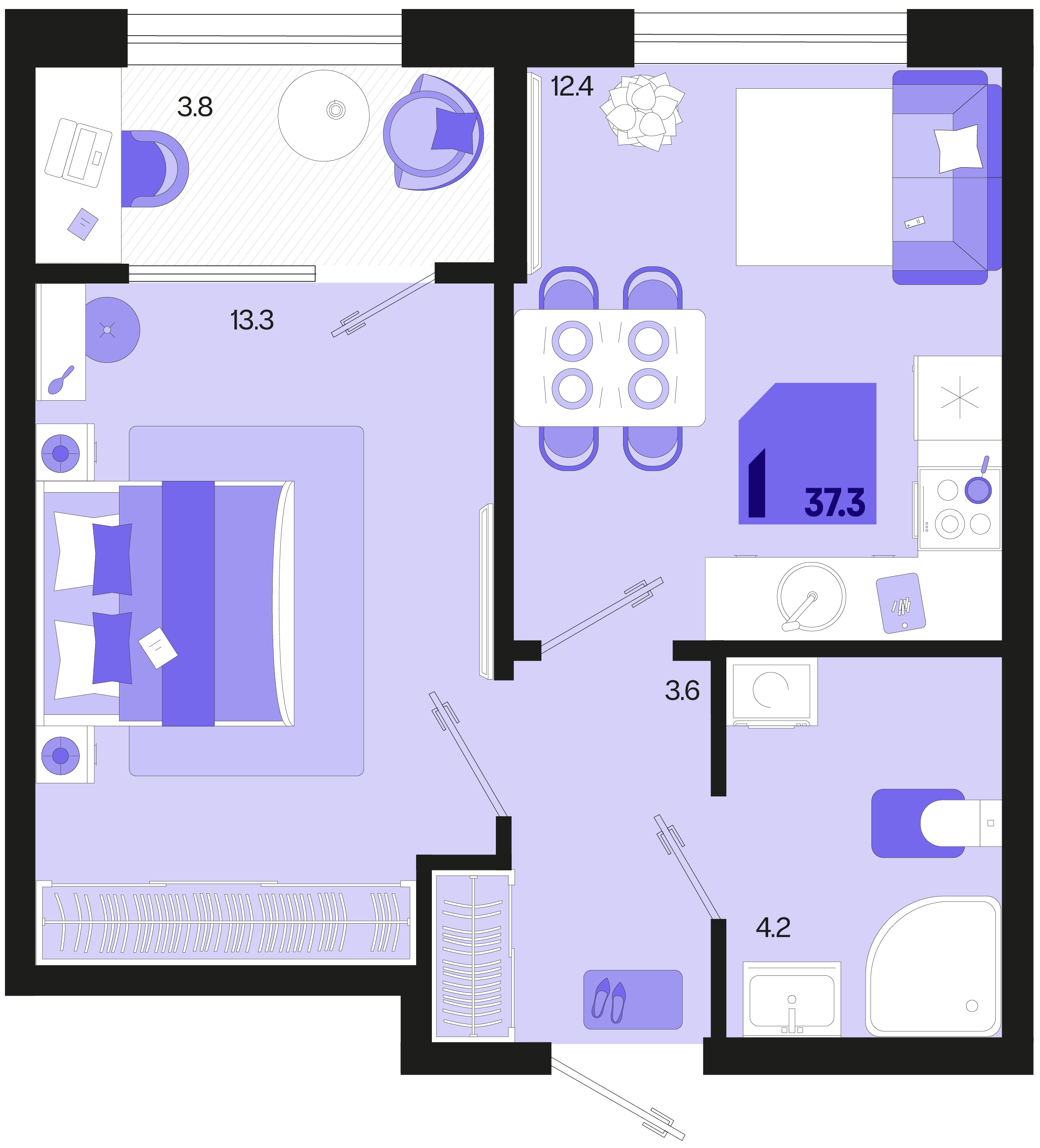 Планировка: 1-комн. квартира 35,4 м²