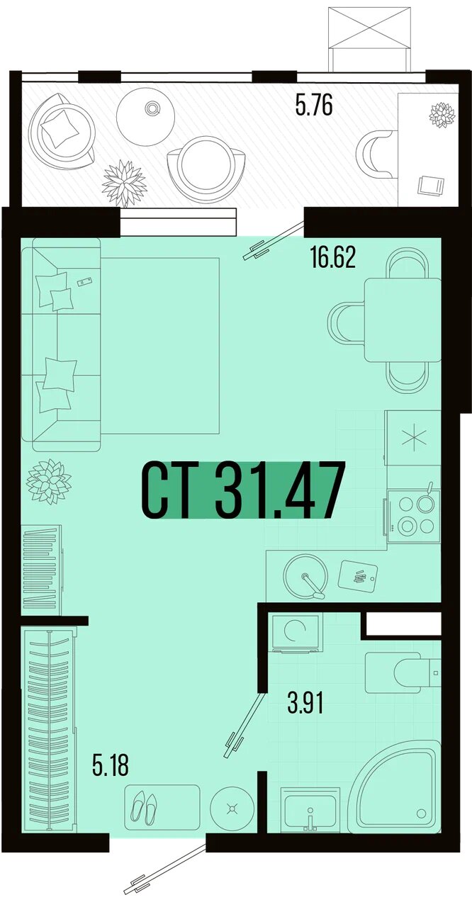 Планировка: Студия 29,1 м²