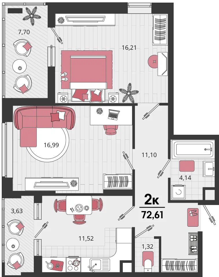 Планировка: 2-комн. квартира 67 м²