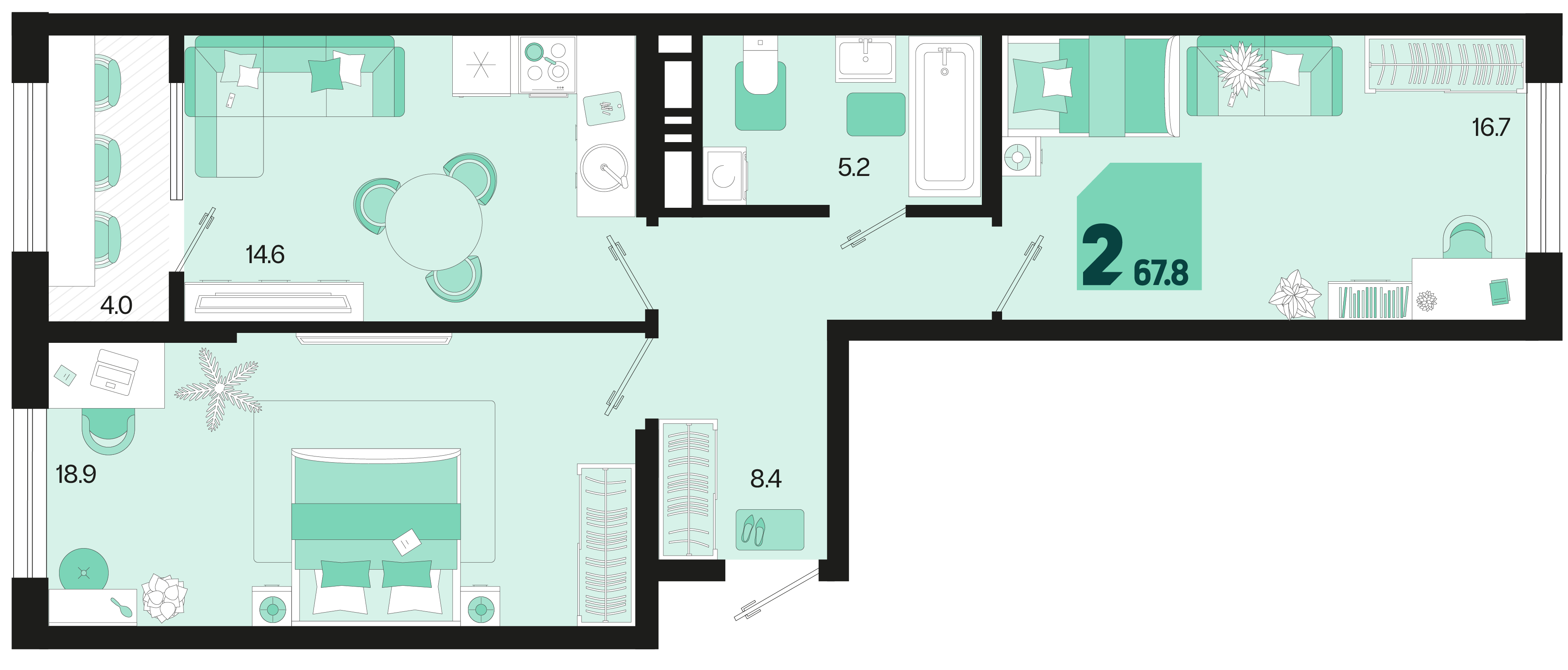 Планировка: 2-комн. квартира 65,8 м²