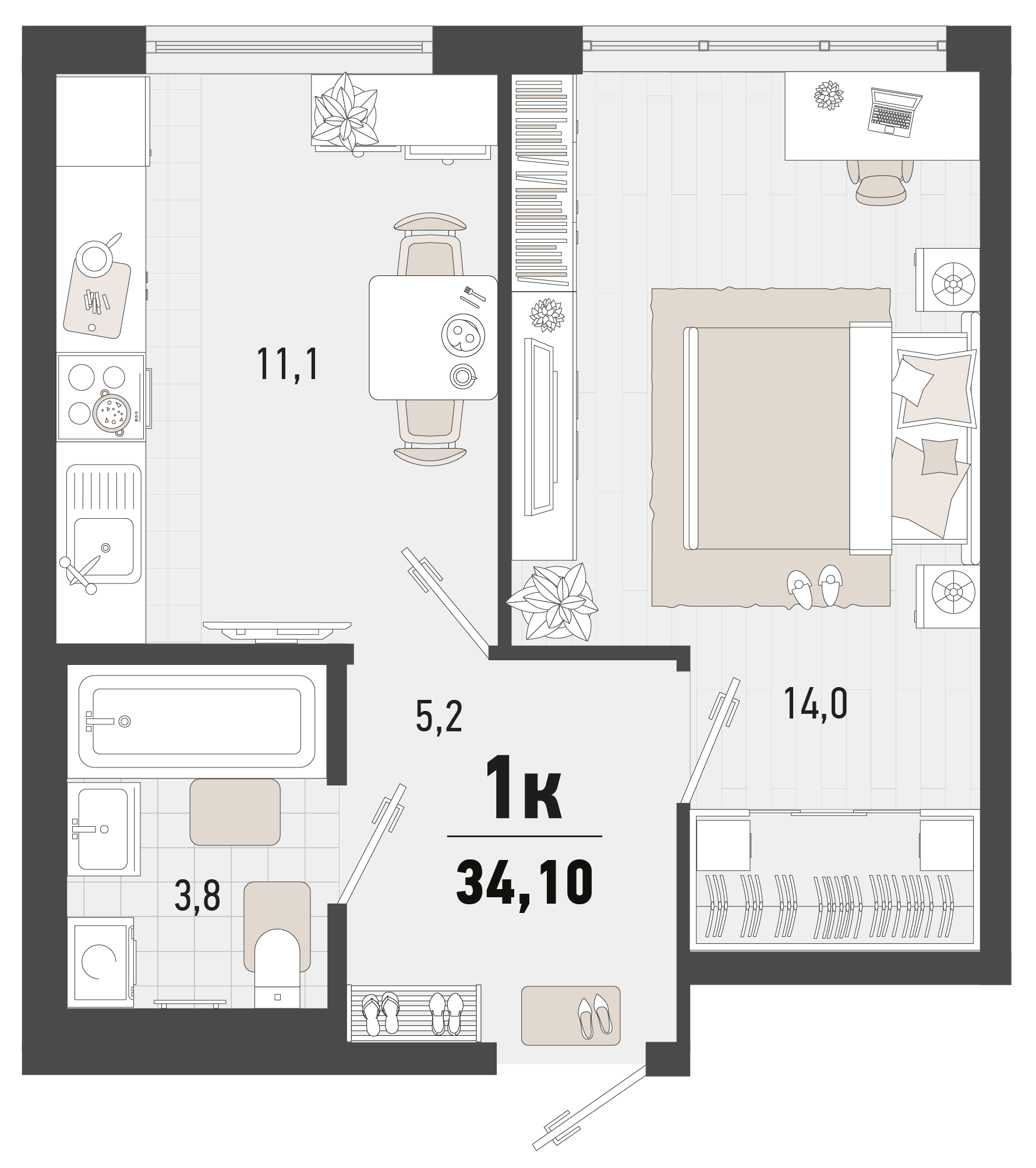 Планировка 1-комнатная 34,1 м²