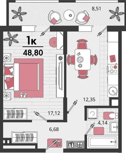Планировка: 1-комн. квартира 42,8 м²