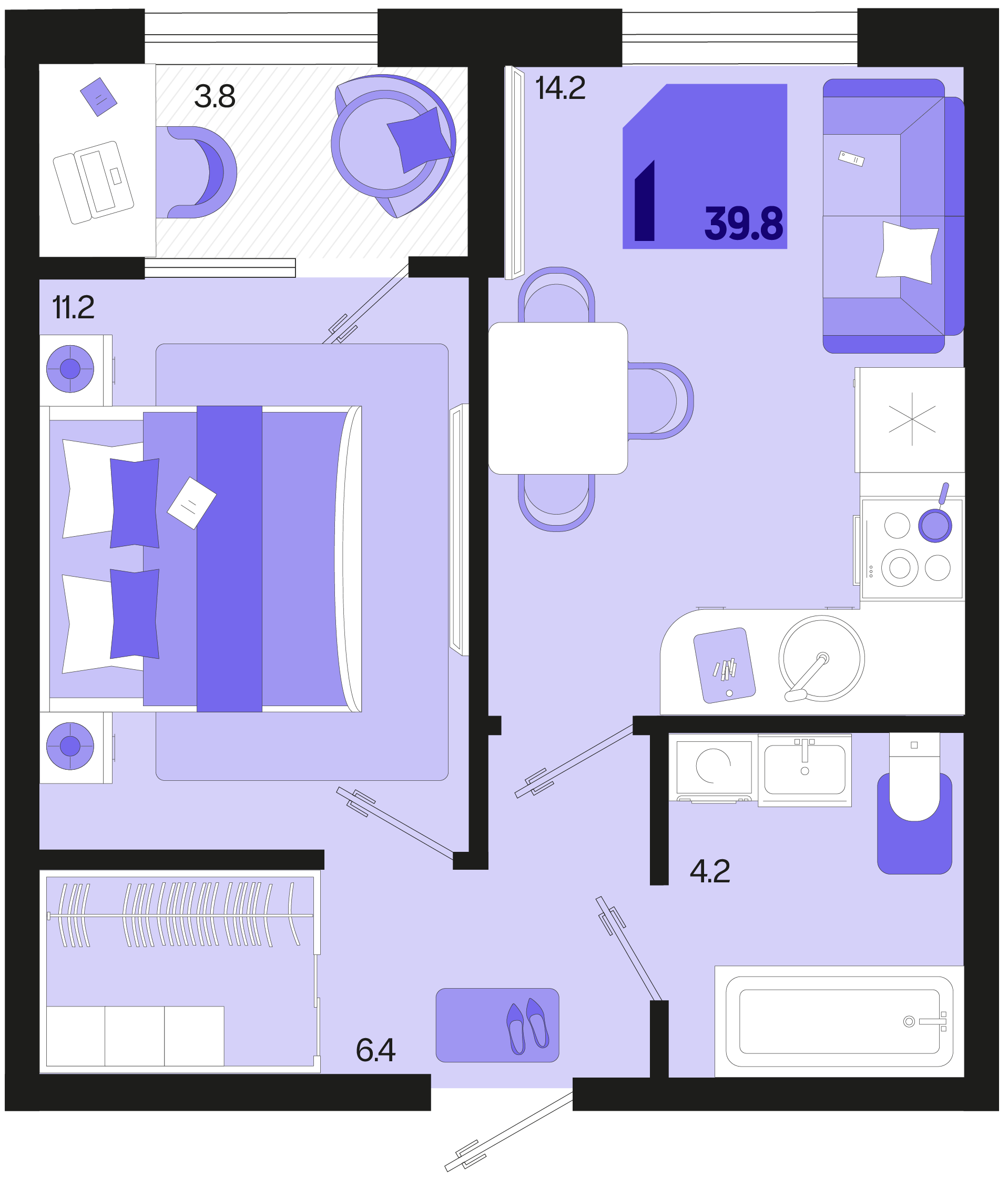 Планировка: 1-комн. квартира 37,9 м²