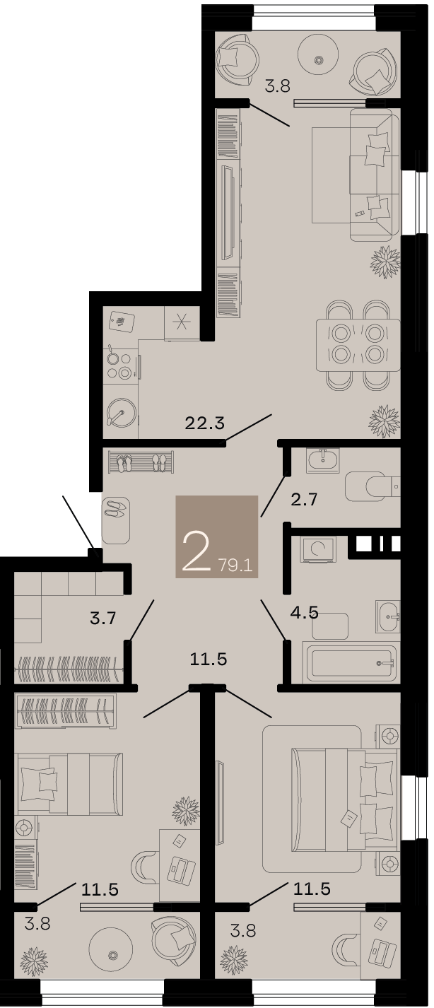 Планировка 2-комнатная 73,4 м²