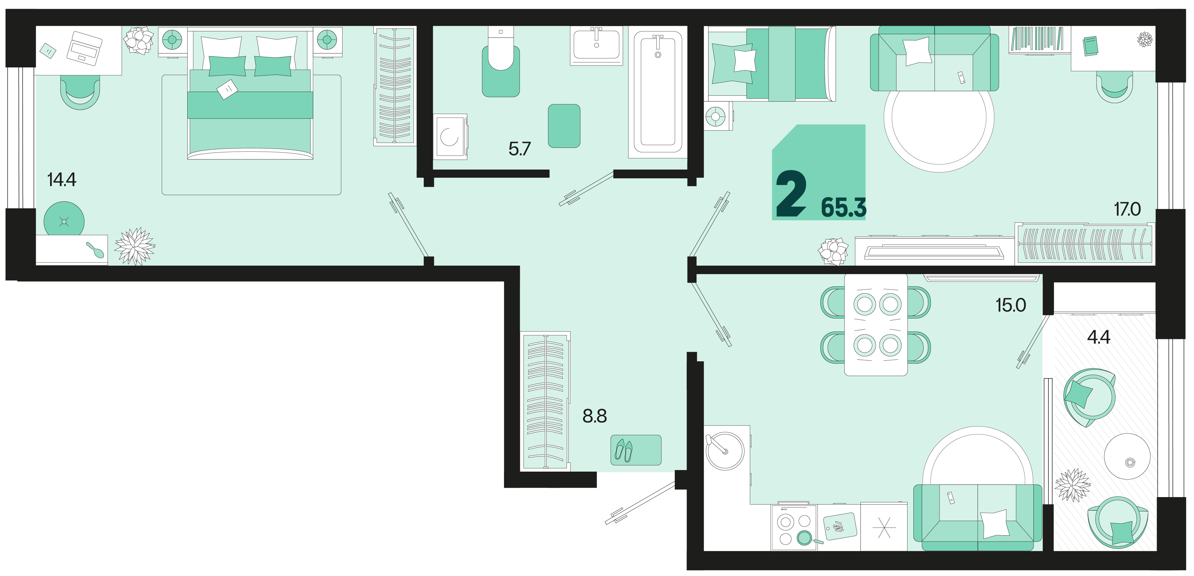 Планировка: 2-комн. квартира 63,1 м²