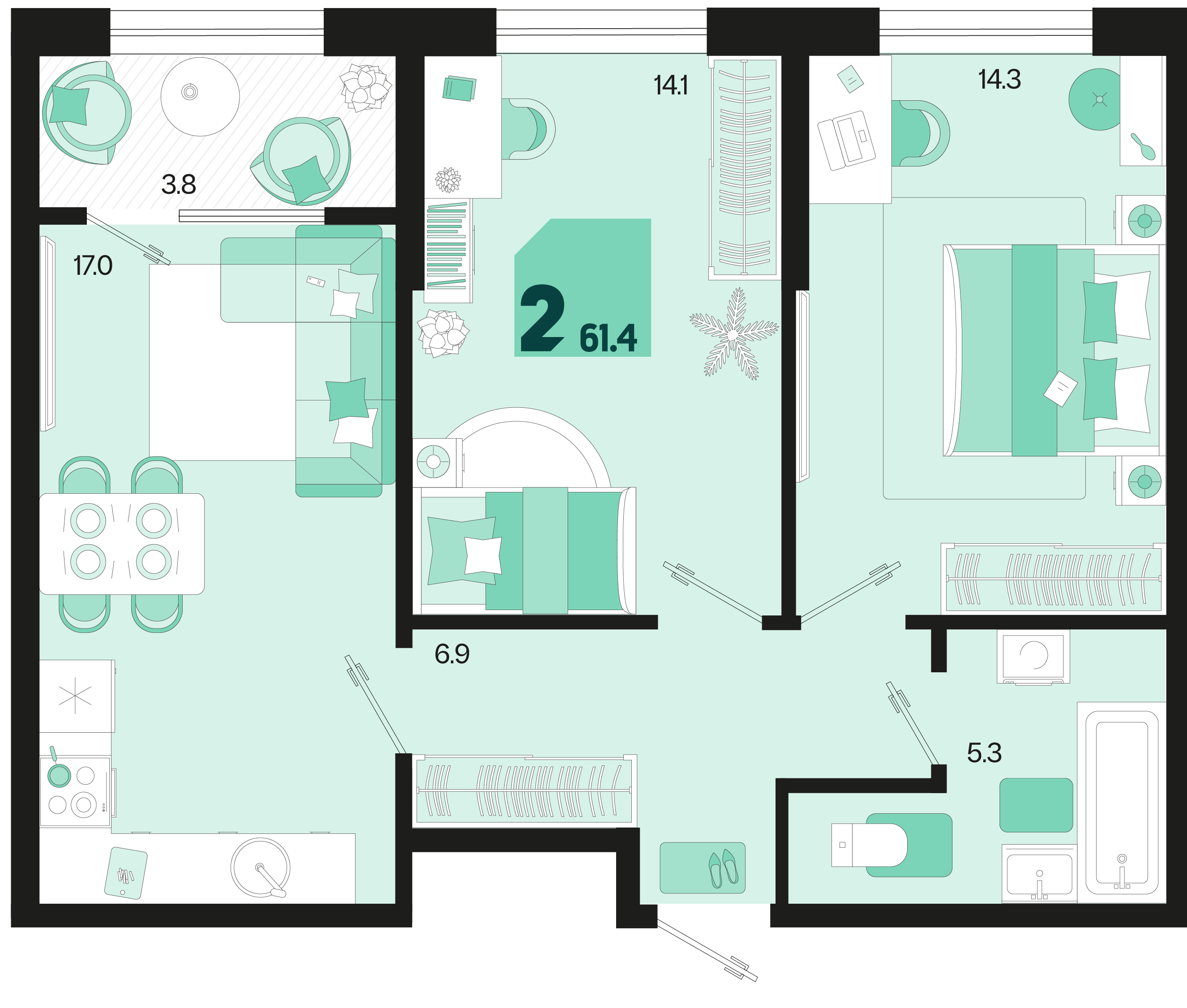 Планировка: 2-комн. квартира 59,5 м²