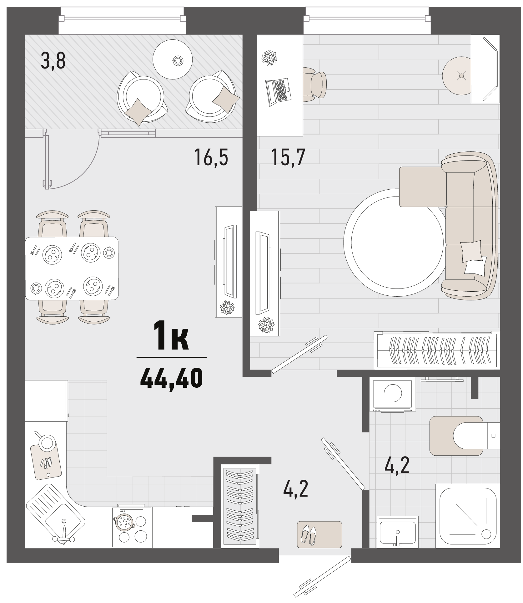 Планировка: 1-комн. квартира 42,5 м²