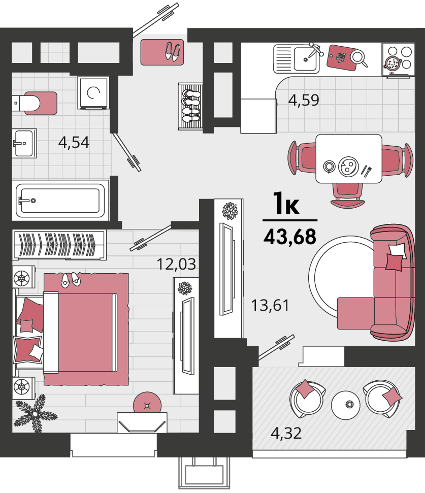 Планировка 2-комнатная 41,52 м²