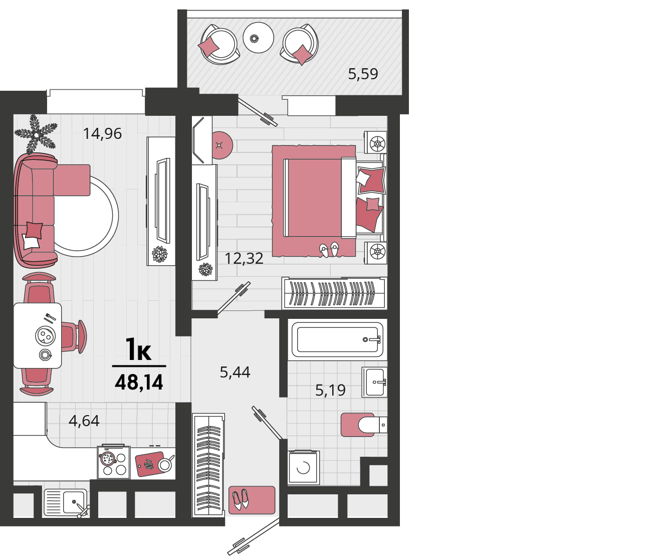 Планировка 2-комнатная 44,23 м²