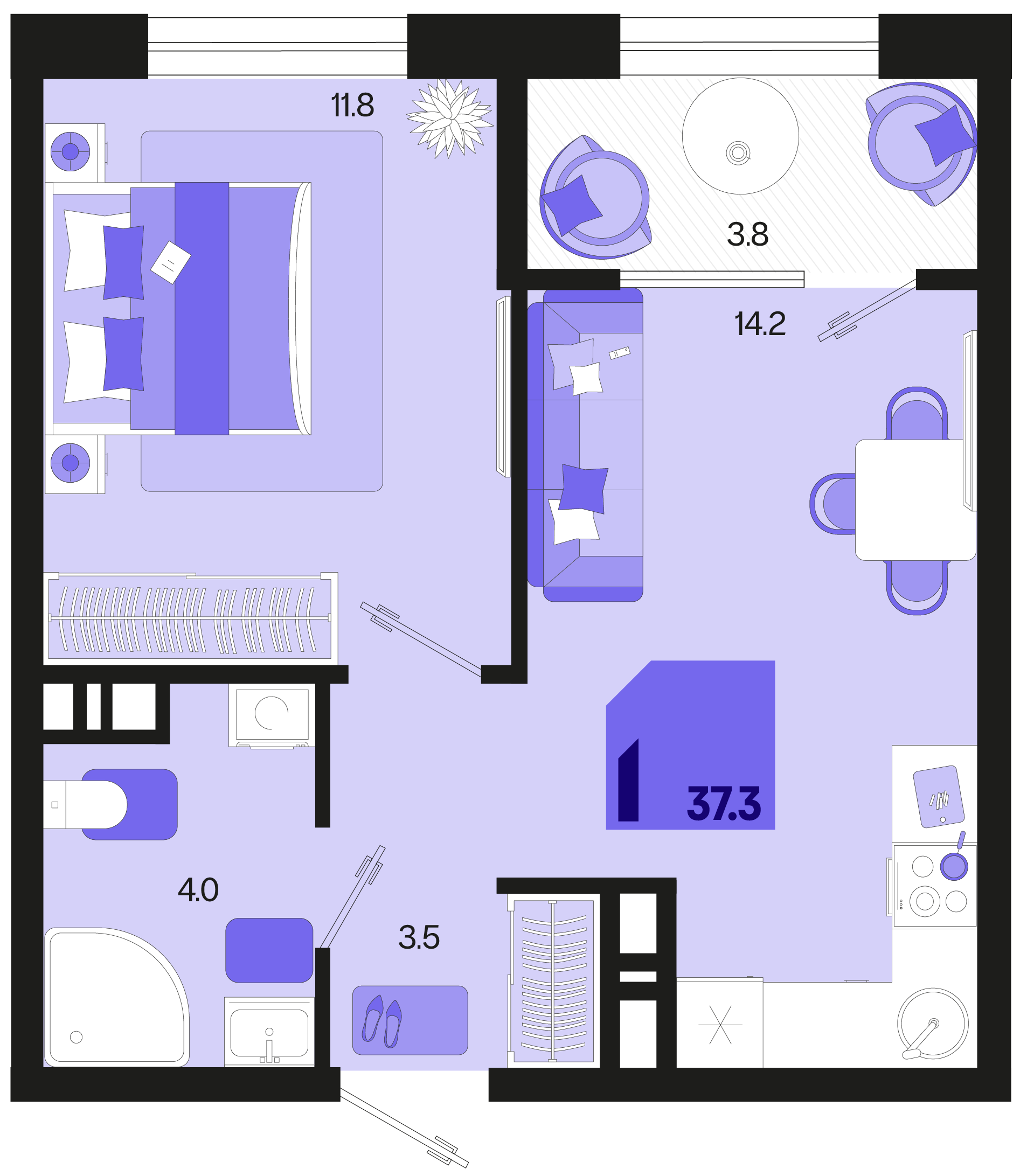 Планировка: 1-комн. квартира 35,4 м²