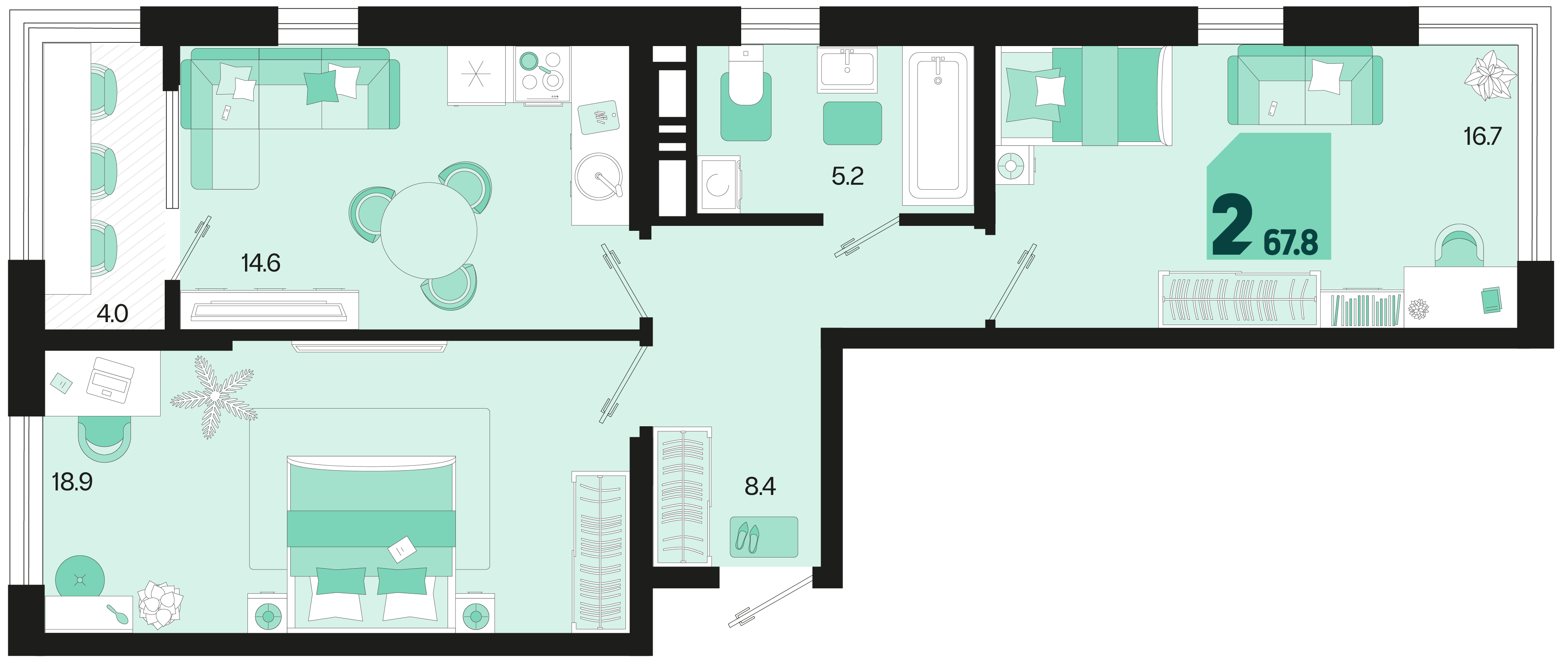 Планировка: 2-комн. квартира 65,8 м²
