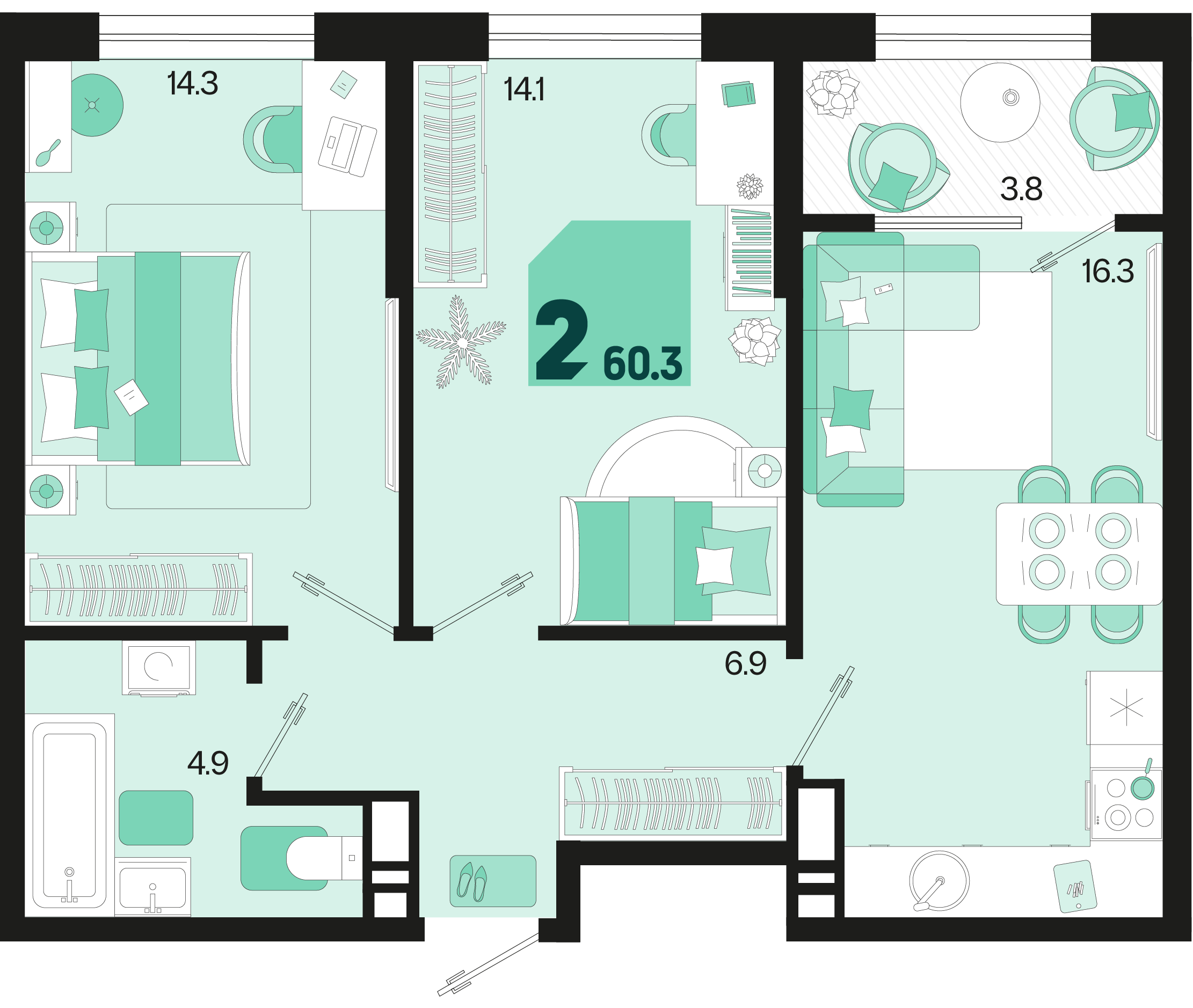 Планировка: 2-комн. квартира 58,4 м²