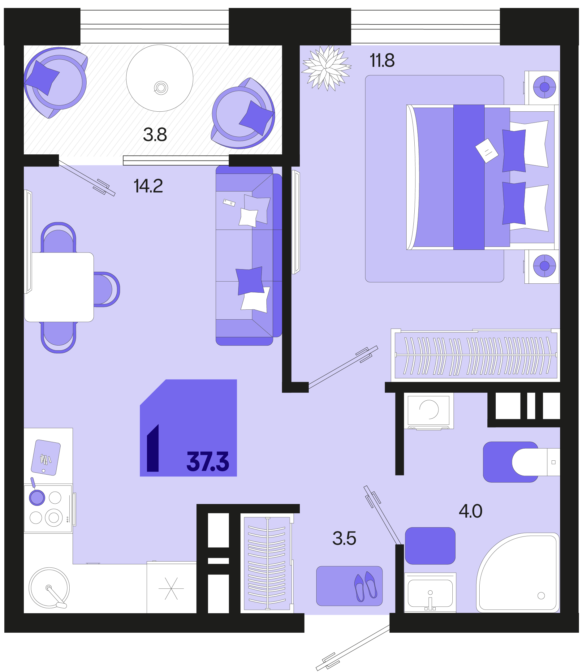 Планировка: 1-комн. квартира 35,4 м²