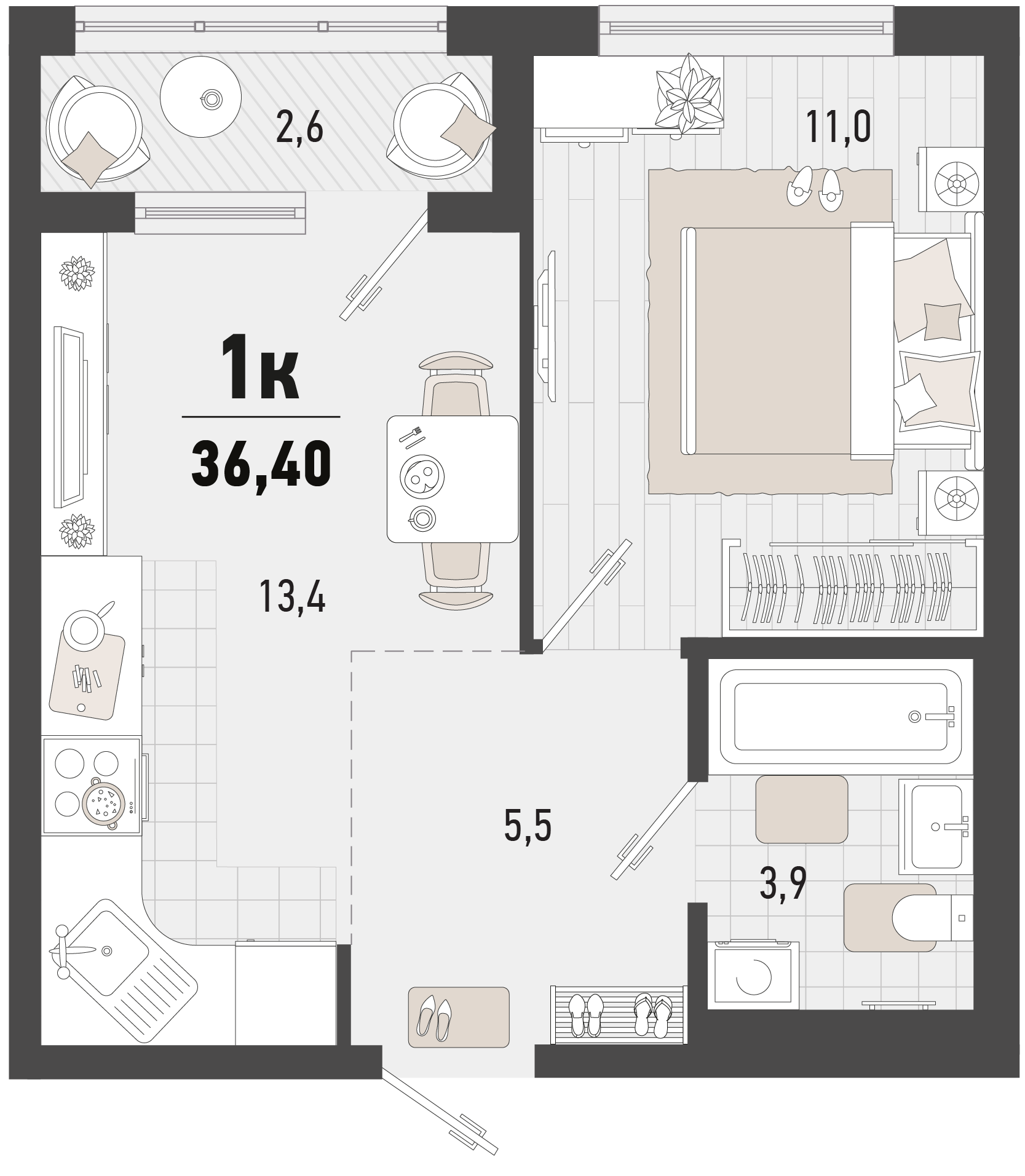 Планировка: 1-комн. квартира 35,1 м²