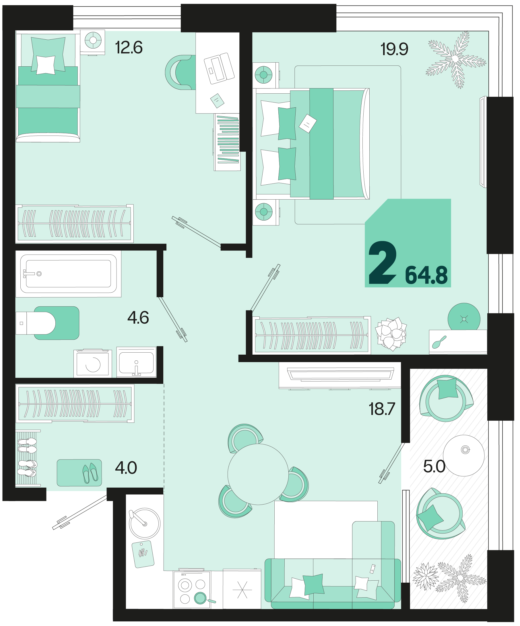 Планировка: 2-комн. квартира 62,3 м²