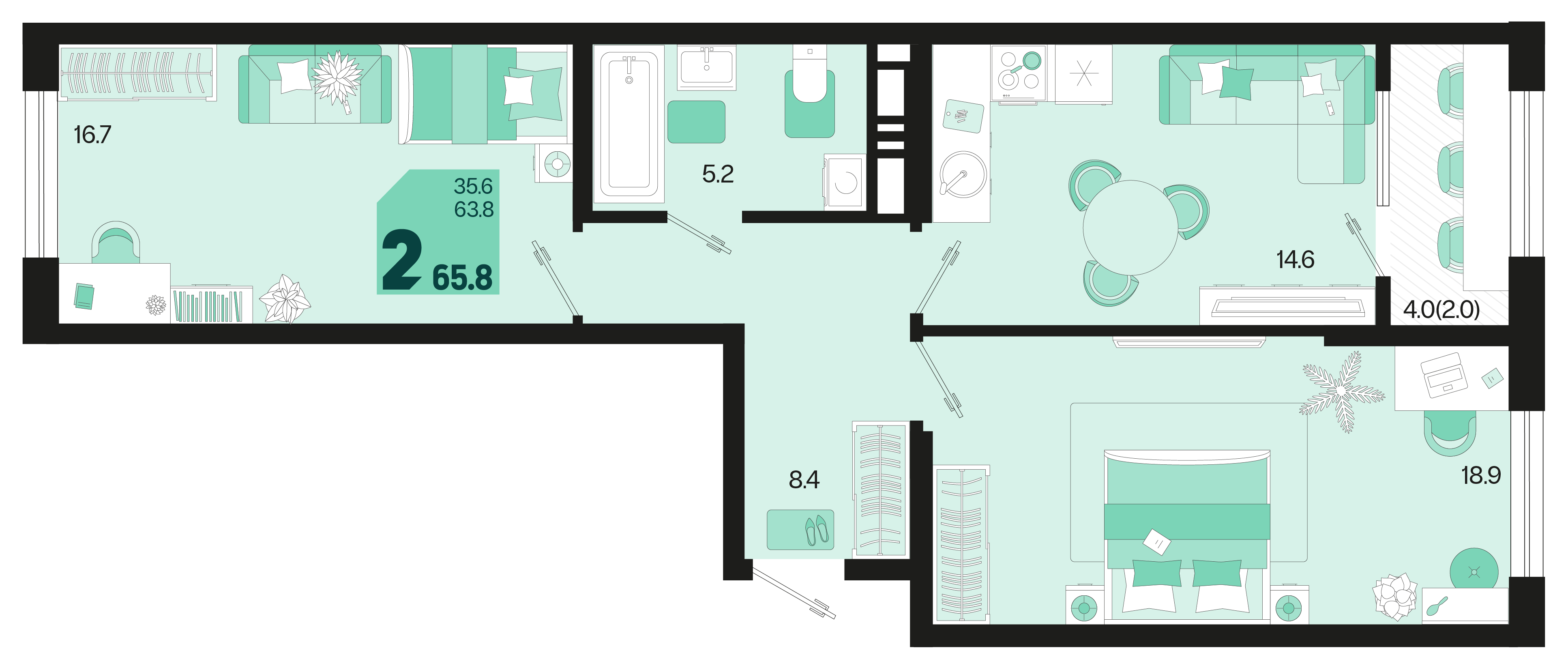 Планировка: 2-комн. квартира 65,8 м²