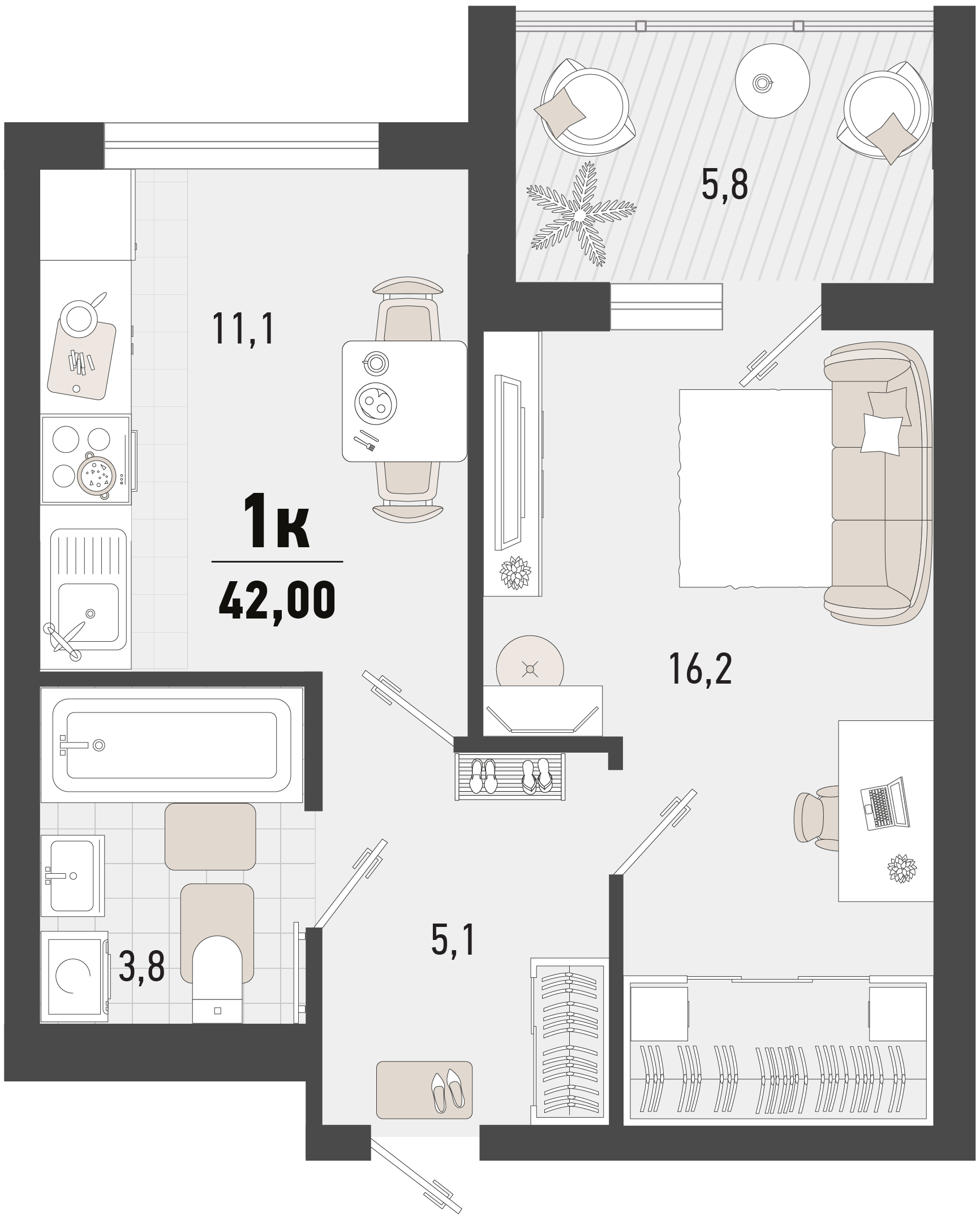 Планировка: 1-комн. квартира 39,1 м²