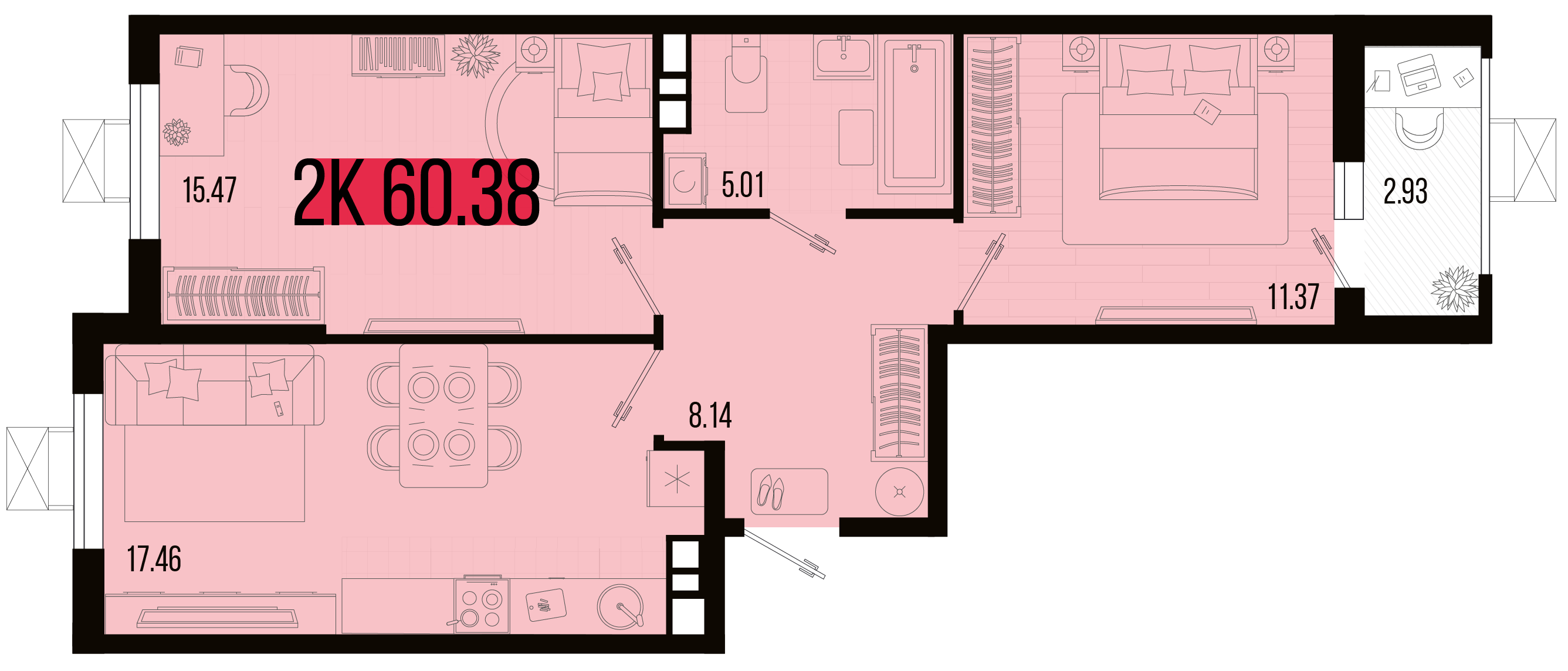 Планировка: 2-комн. квартира 58,9 м²