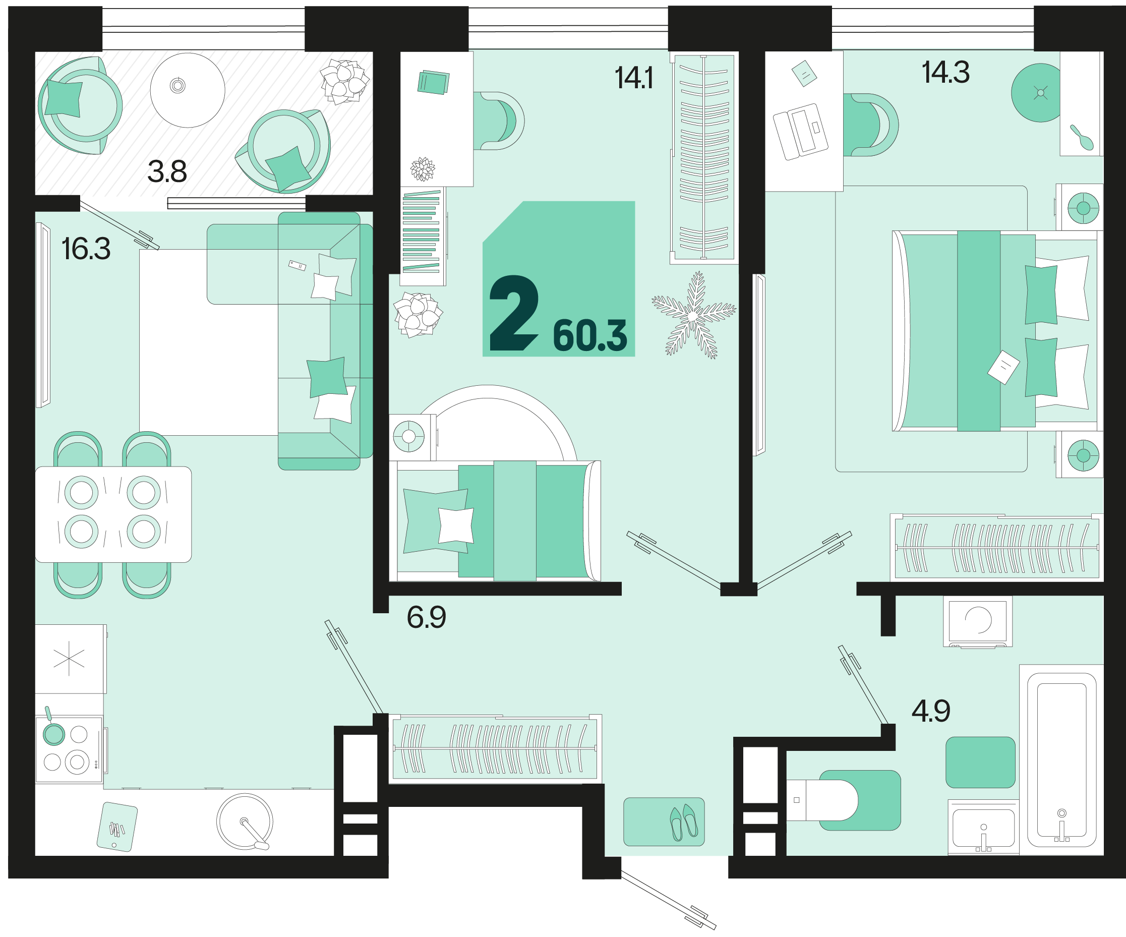Планировка: 2-комн. квартира 58,4 м²