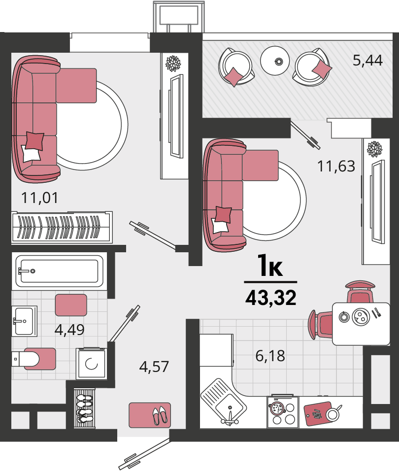 Планировка: 2-комн. квартира 40,6 м²