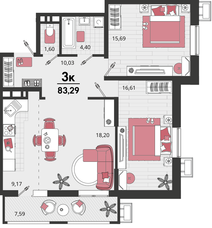 Планировка: 3-комн. квартира 78 м²