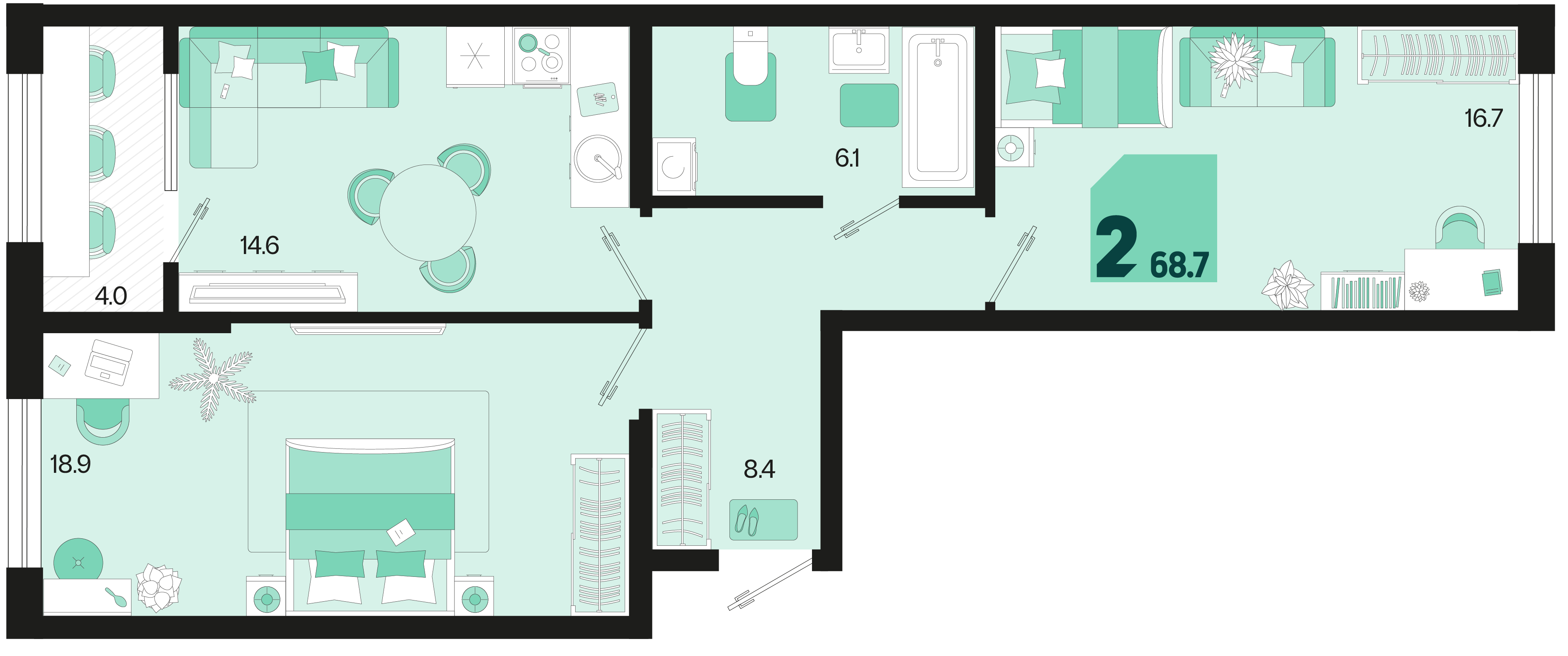 Планировка: 2-комн. квартира 66,7 м²