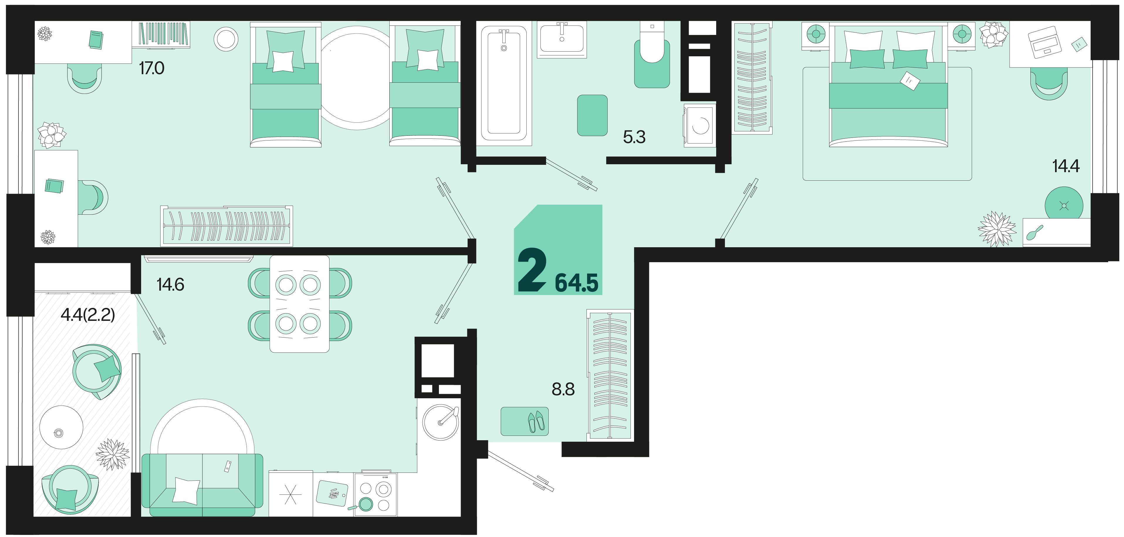 Планировка: 2-комн. квартира 62,3 м²