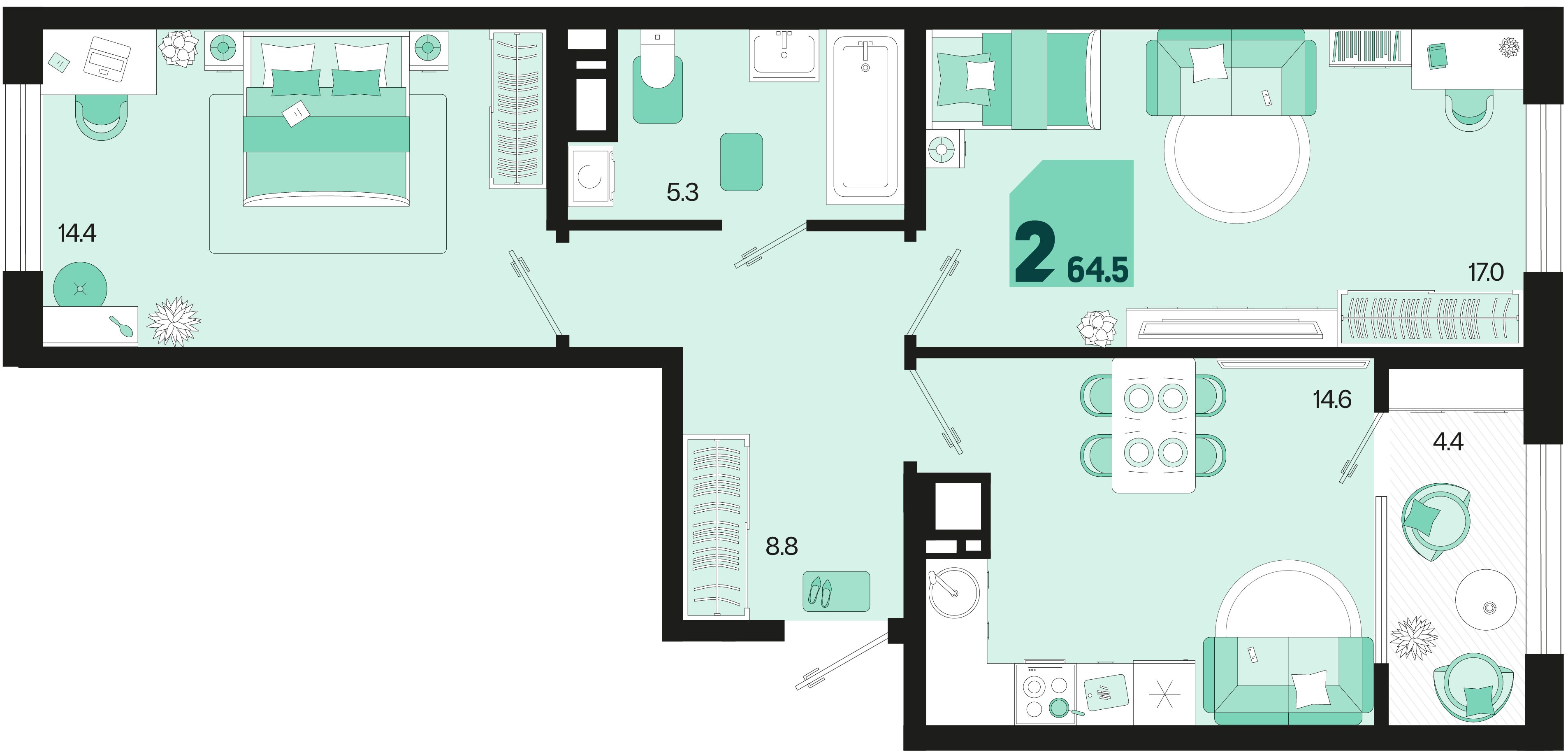 Планировка: 2-комн. квартира 62,3 м²