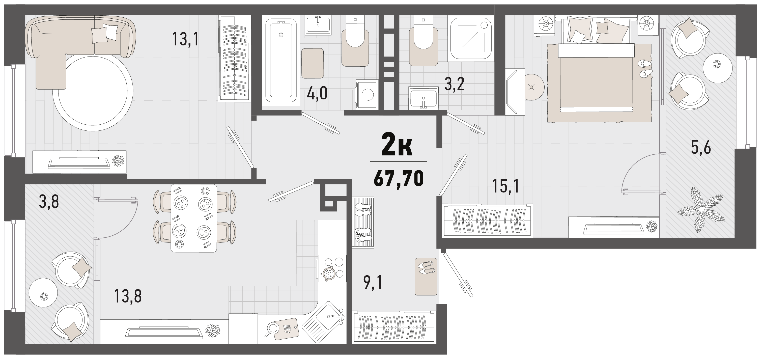 Планировка 2-комнатная 63 м²