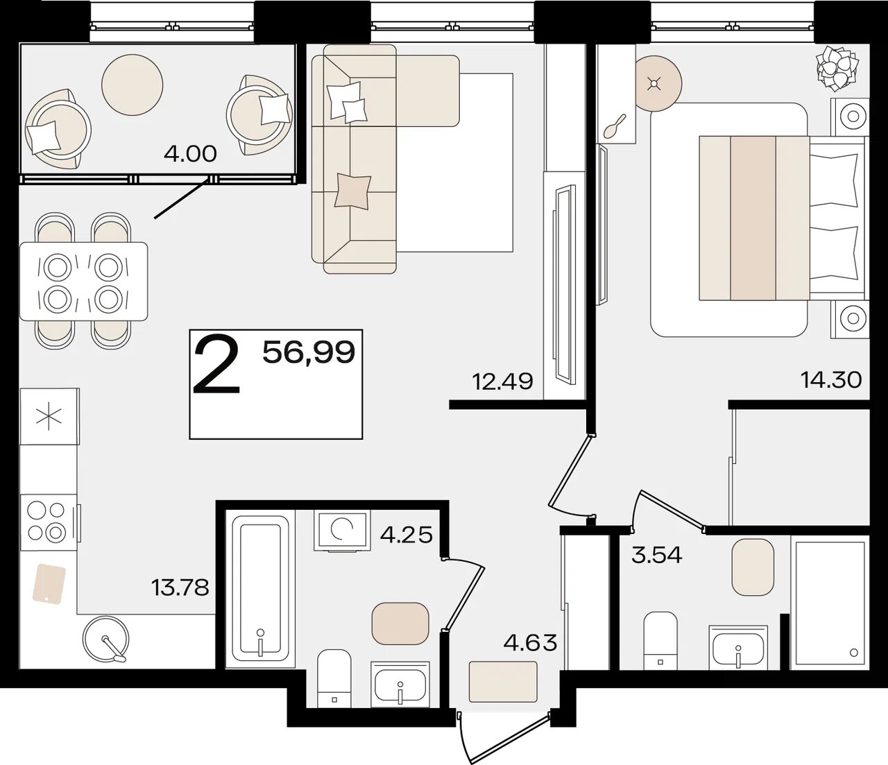 Планировка: 2-комн. квартира 55 м²