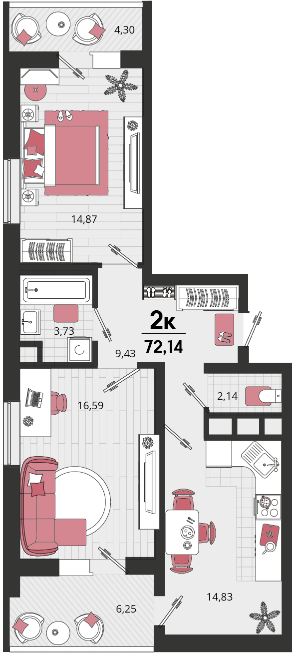 Планировка: 2-комн. квартира 66,9 м²