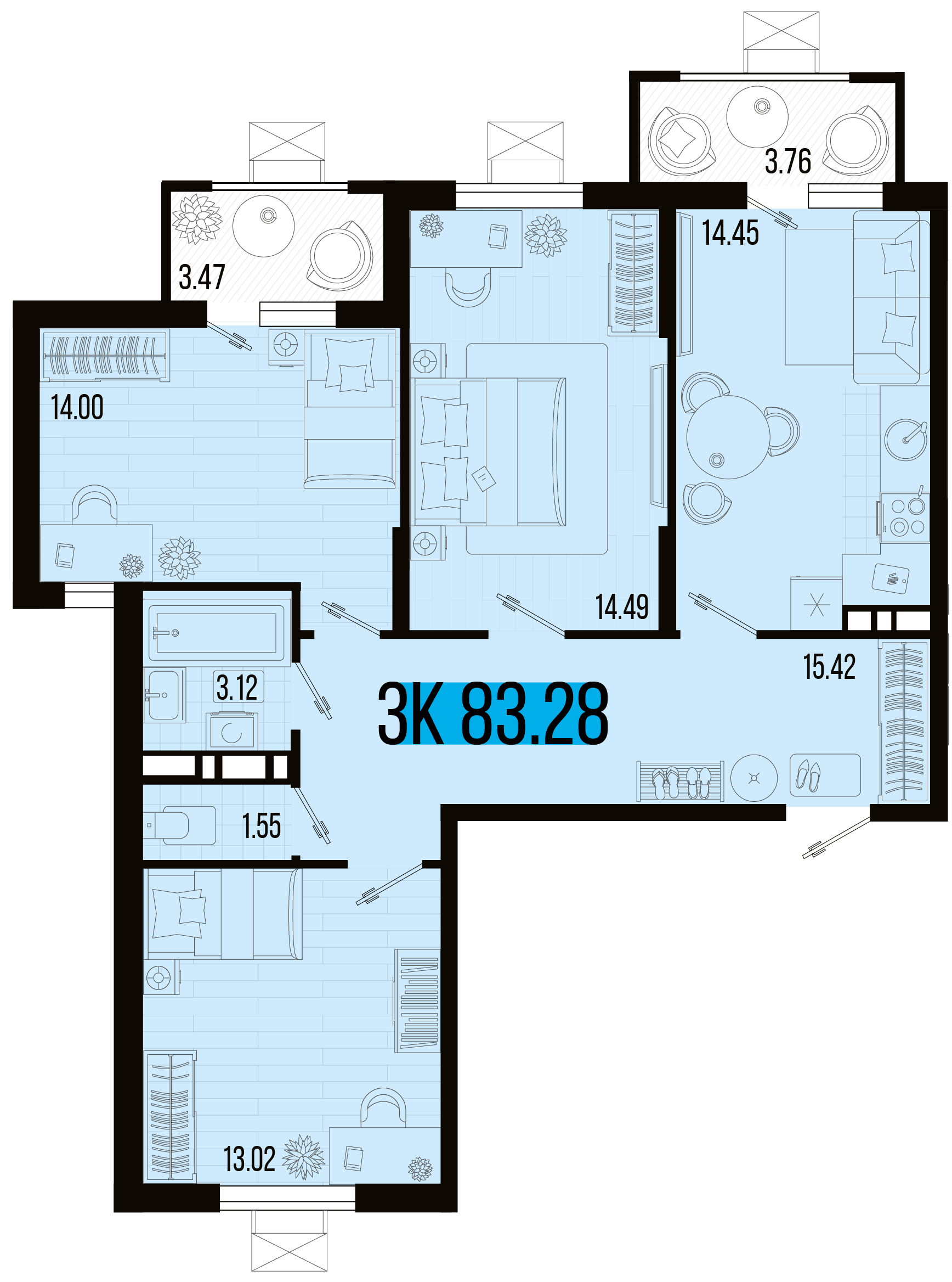 Планировка 3-комнатная 79,66 м²
