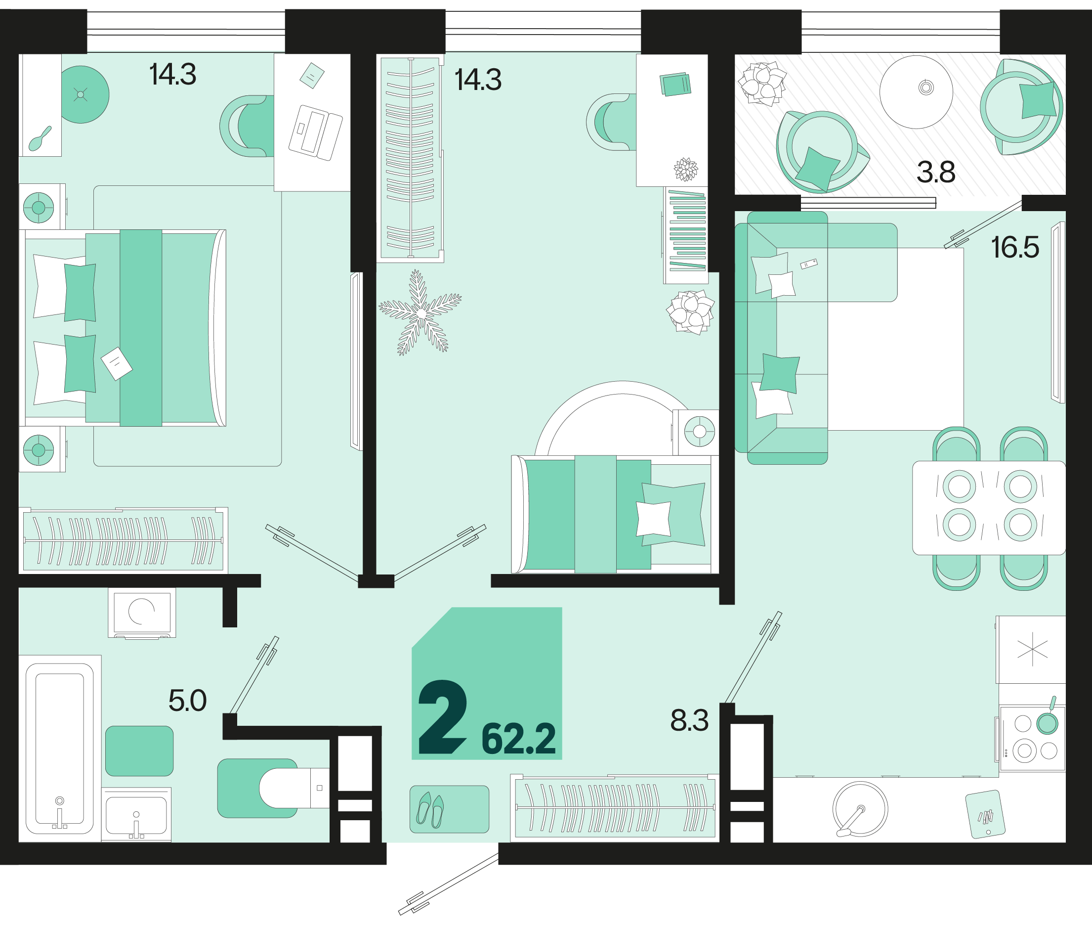 Планировка: 2-комн. квартира 60,3 м²