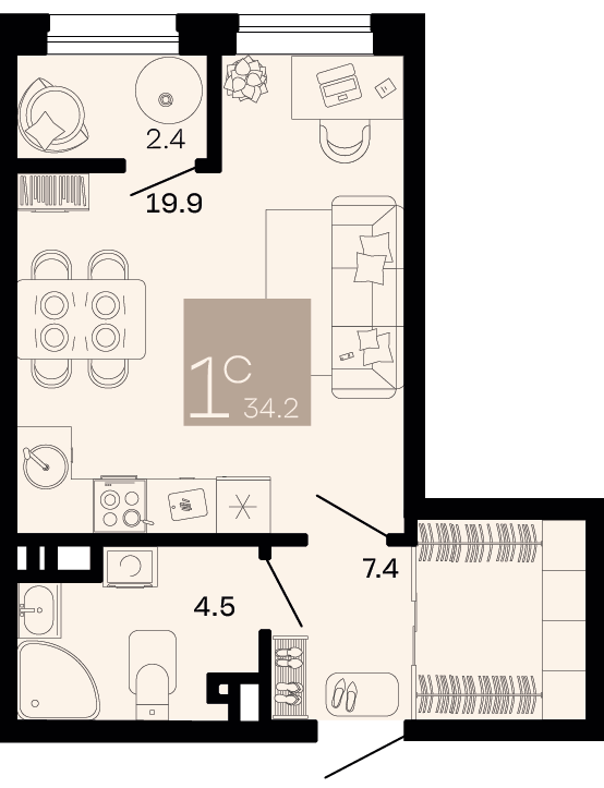 Планировка: Студия 33 м²