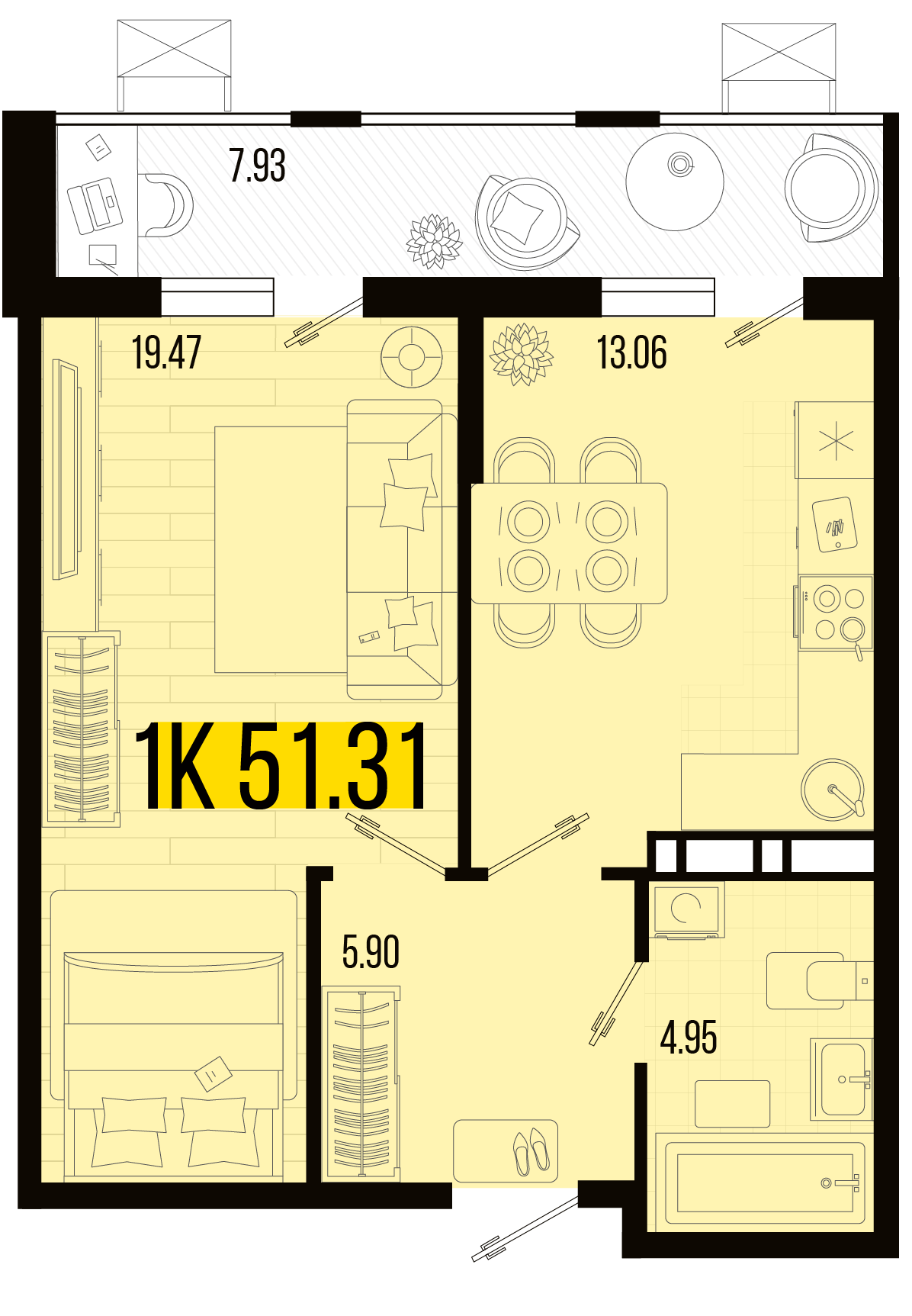 Планировка: 1-комн. квартира 47,3 м²