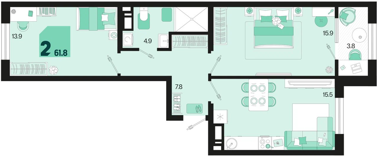 Планировка: 2-комн. квартира 59,9 м²
