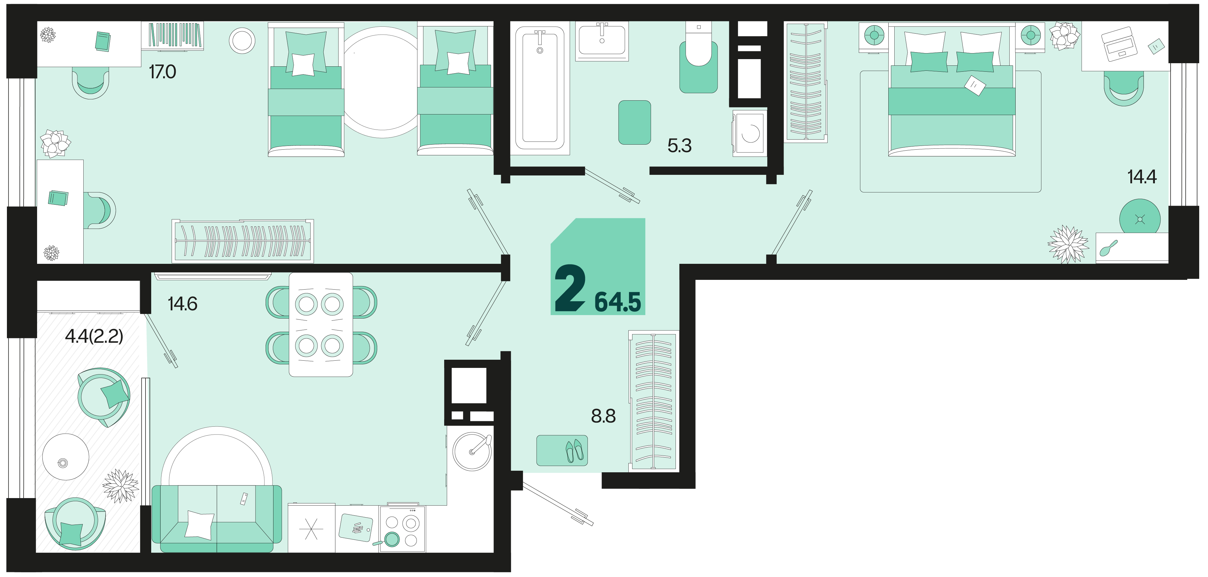 Планировка: 2-комн. квартира 62,3 м²