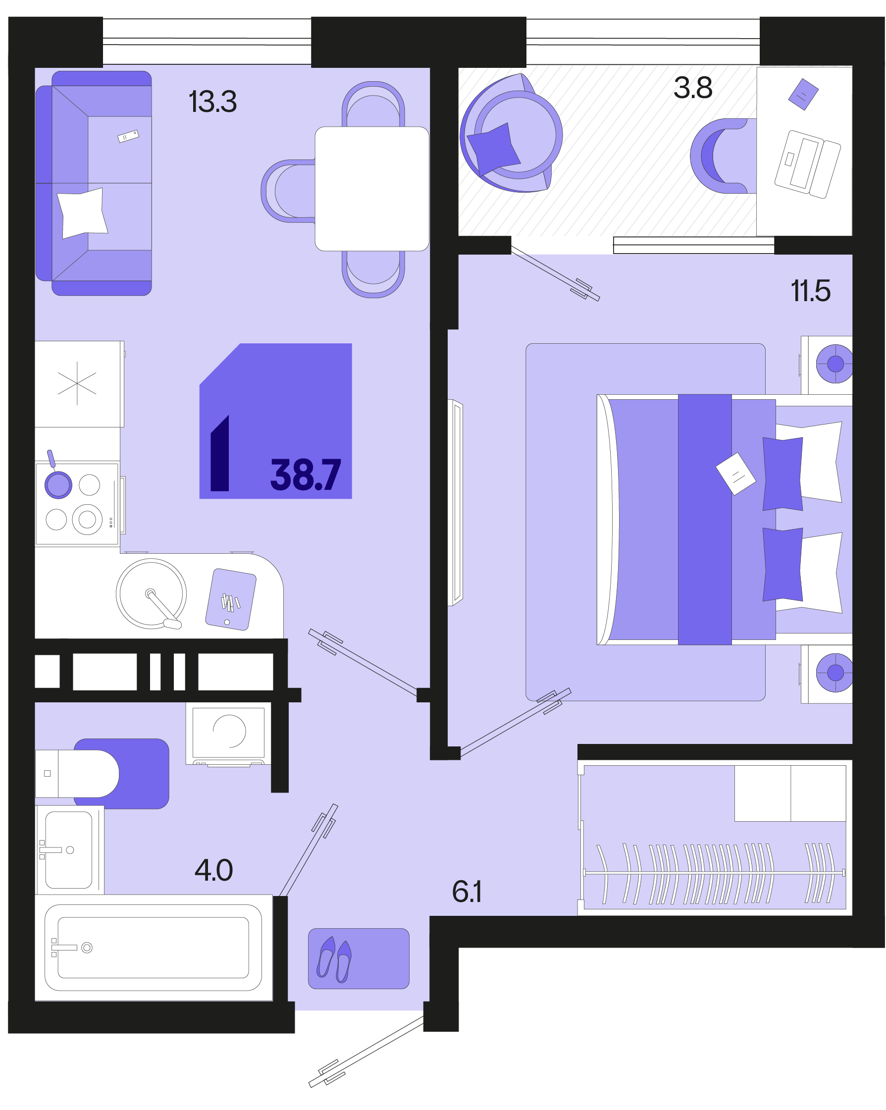 Планировка: 1-комн. квартира 36,8 м²