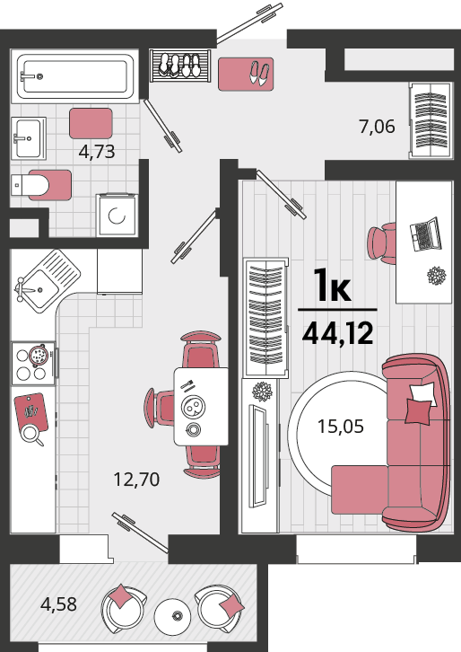 Планировка: 1-комн. квартира 40,9 м²