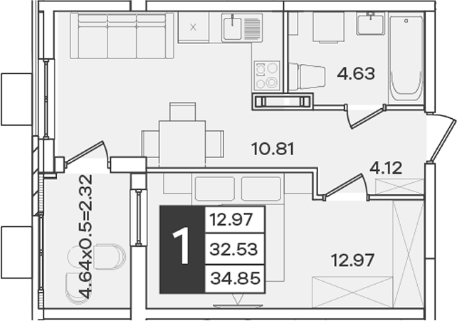 Планировка 1-комнатная 34,85 м²